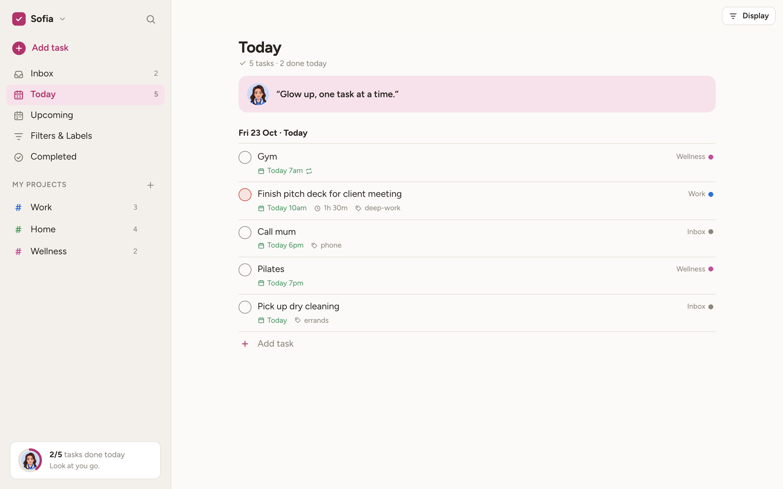 Taskly on a computer: the sidebar with projects, today’s list and the coach showing 2 of 5 tasks done.