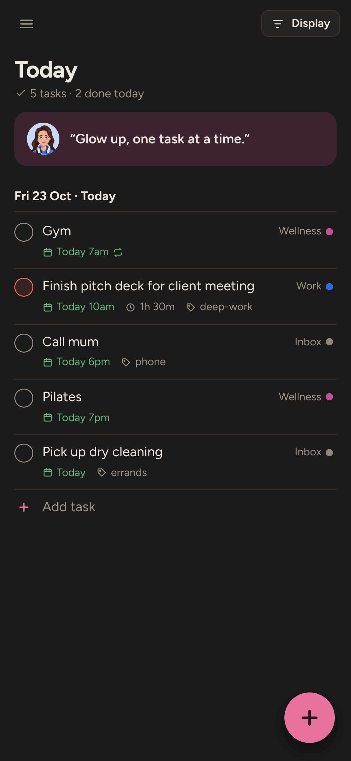 Taskly in dark mode: the coach with today’s line, “Glow up, one task at a time.”, above the day’s tasks.