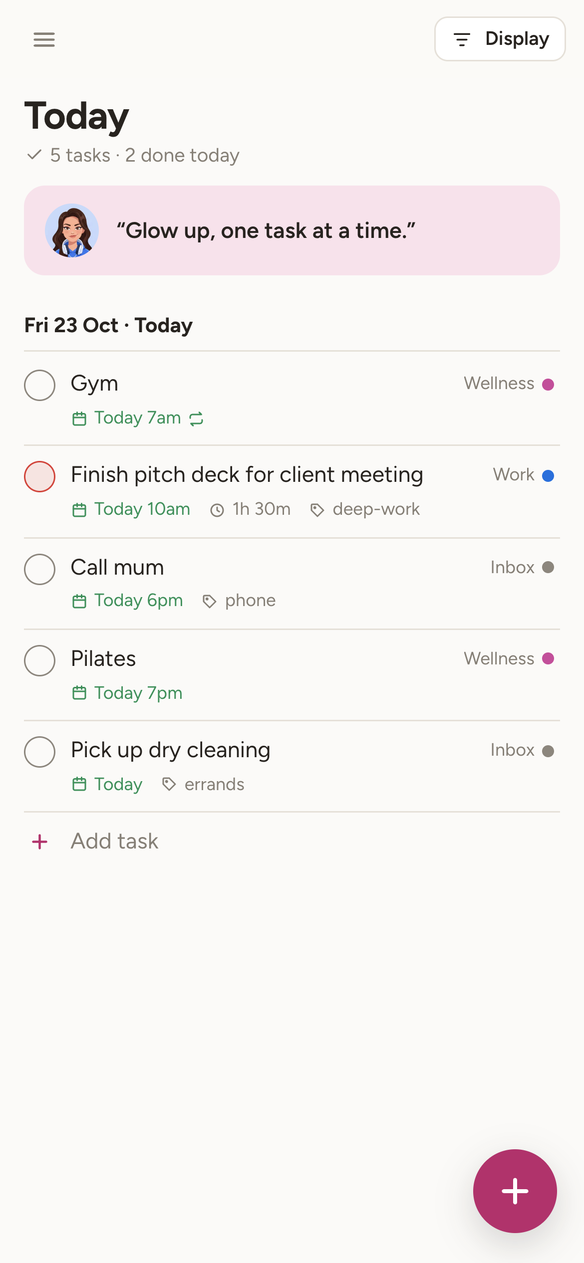 Taskly on a phone: today’s tasks, with the coach and the daily quote “Glow up, one task at a time.”